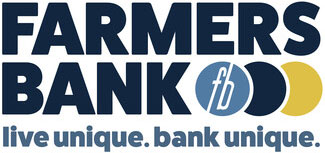 Logo of Farmers Bank with the text "live unique. bank unique." and the letters "fb" inside a blue circle adjacent to a dark blue and yellow semi-circle.