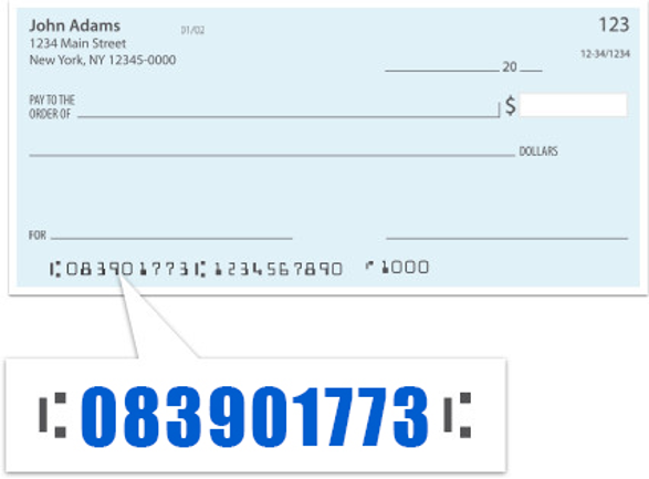 A blank blue check showing fields to fill in the date, payee's name, amount, and signature. The bottom left close-up highlights the routing number "083901773" in MICR format.